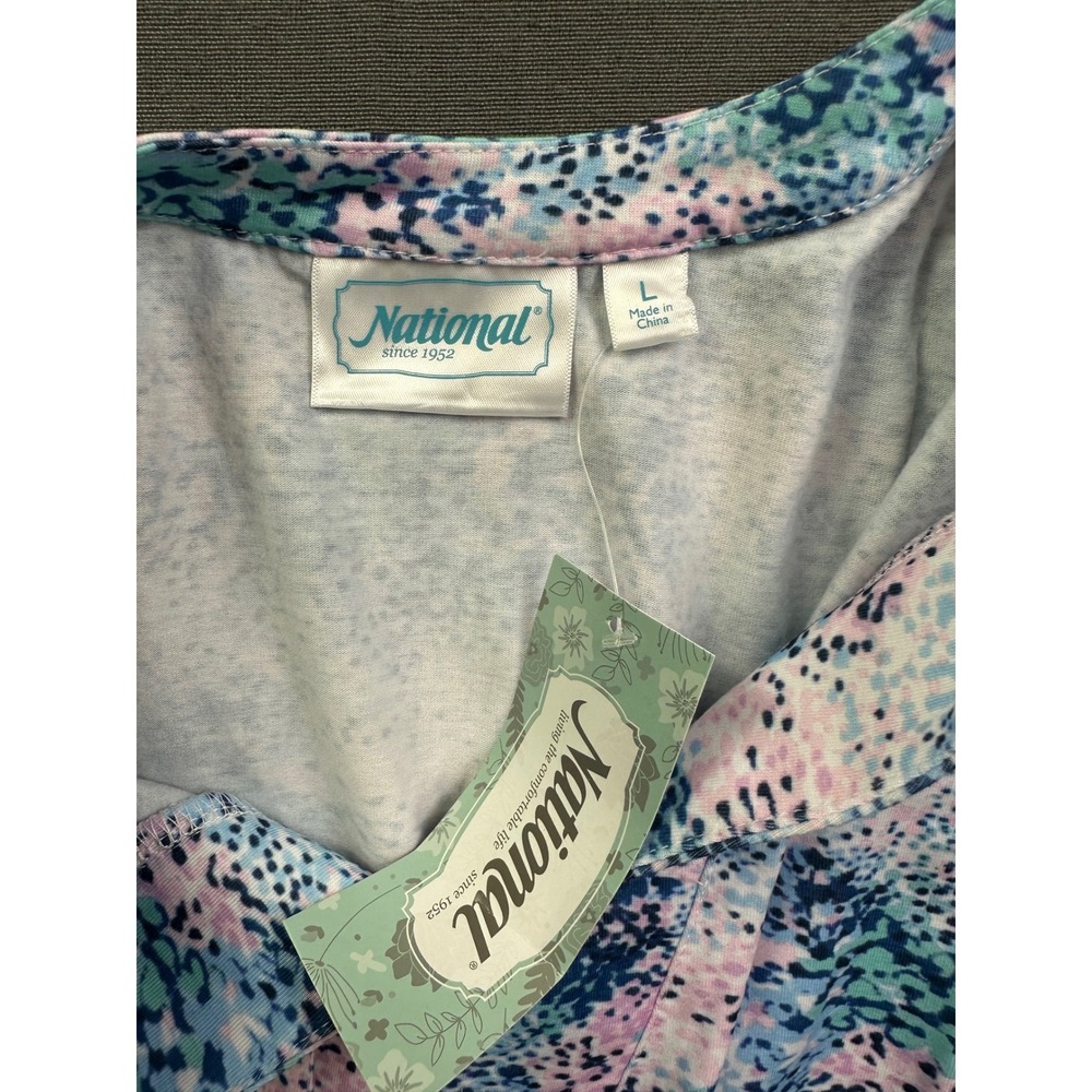 National Since 1952 Women's Large Blue Pink Abstract Print Split Neck Top NWT